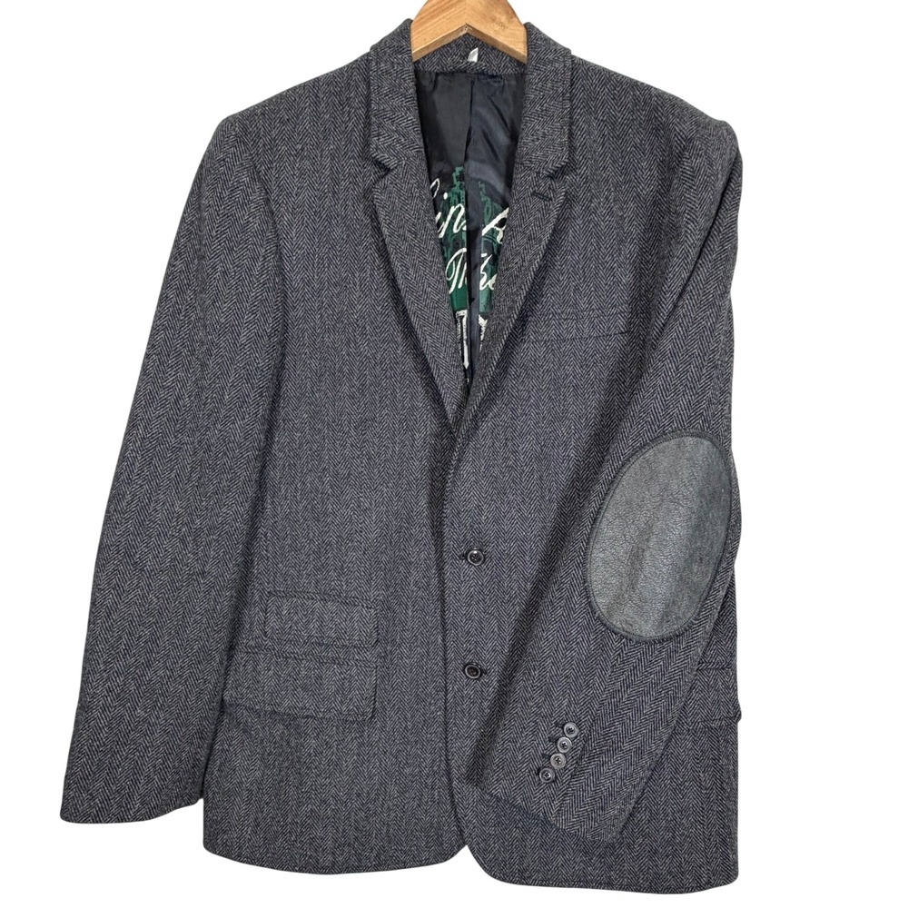 VTG Y2L Juicy Couture Herringbone Wool Blazer 44R Gray Elbow Patch Academic